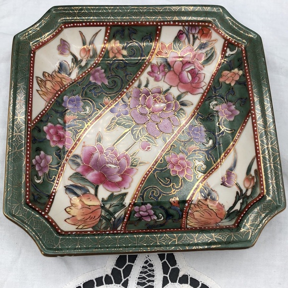 Vintage Andrea by Sadek Ceramic Decorative Plate, Trinket Dish Greens and Pinks - Picture 3 of 6